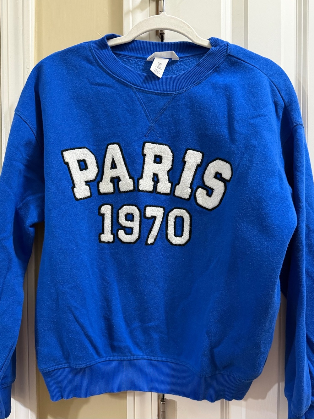 H&M Bold Blue Crewneck Sweater with White 'PARIS 1970' Applique